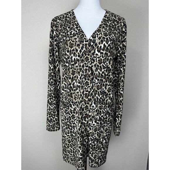 Women’s Sz L Long Cardigan Duster Sweater Animal Print Long Sleeve Pockets - Picture 2 of 15
